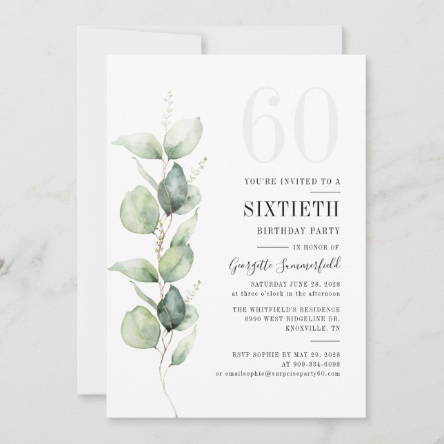 Eucalyptus Greenery 60:e Födelsedagsfesten Inbjudningar (Framsida)