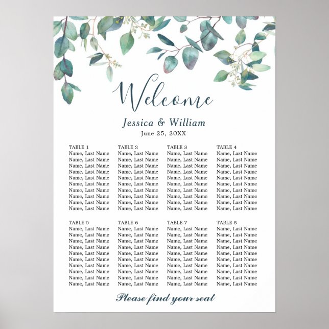 Eucalyptus Greenery 8 Bord Bröllop SEATING CHART Poster (Framsidan)