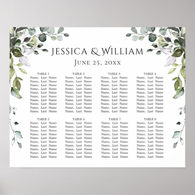 Eucalyptus Greenery 8 Bord Bröllop SEATING CHART Poster (Framsidan)