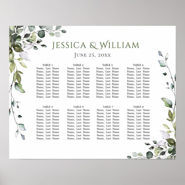 Eucalyptus Greenery 8 Bord Bröllop SEATING CHART Poster (Framsidan)