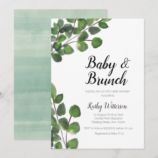 Eucalyptus greenery baby brunch babydusch inbjudningar (Fram/baksida)