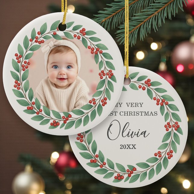 Eucalyptus Greenery Baby First Christmas Photo Julgransprydnad Keramik (Skapare uppladdad)