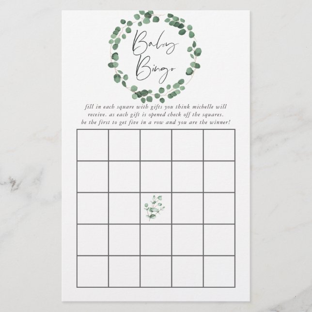 Eucalyptus Greenery Baby Shower Bingo (Framsida)