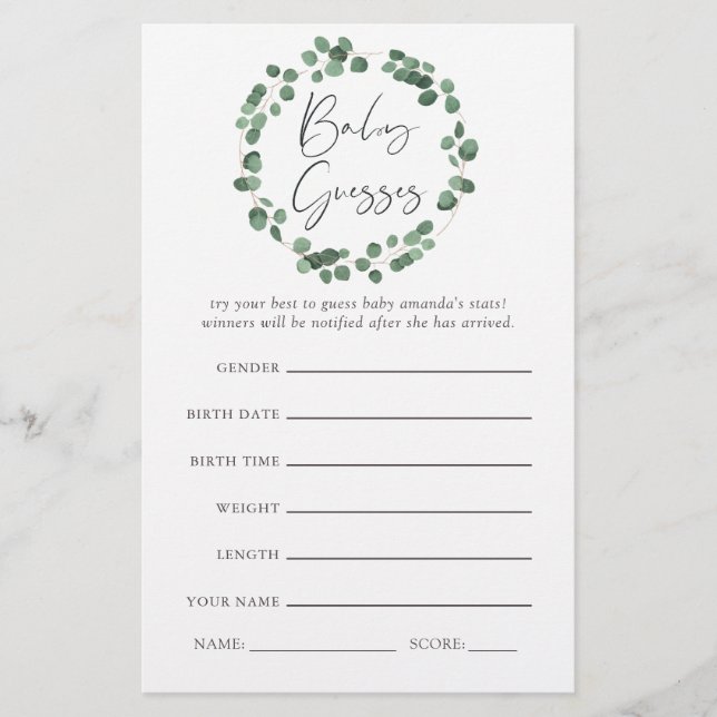 Eucalyptus Greenery Baby Shower Game (Framsida)