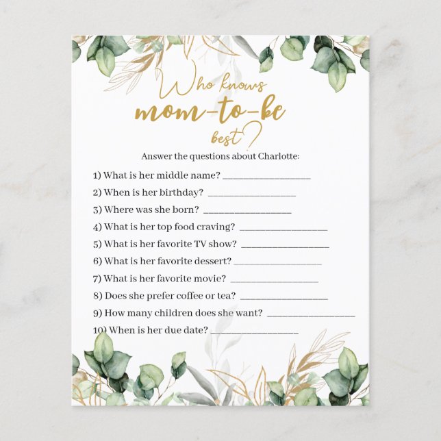 Eucalyptus Greenery Baby Shower Game Card (Framsida)