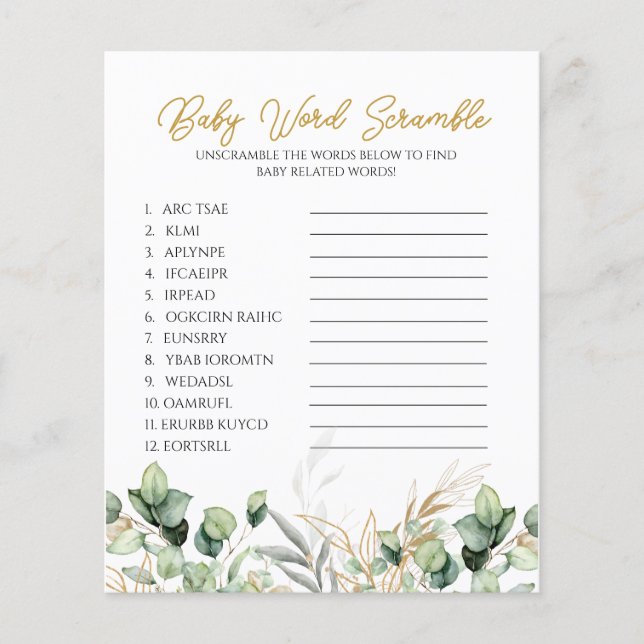 Eucalyptus Greenery Baby Shower Ord Scramble Game (Framsida)