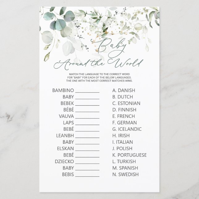 Eucalyptus Greenery Baby Värld runt Game (Framsida)