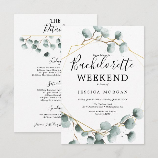 Eucalyptus Greenery Bachelorette Party Inbjudan Ca (Fram/baksida)