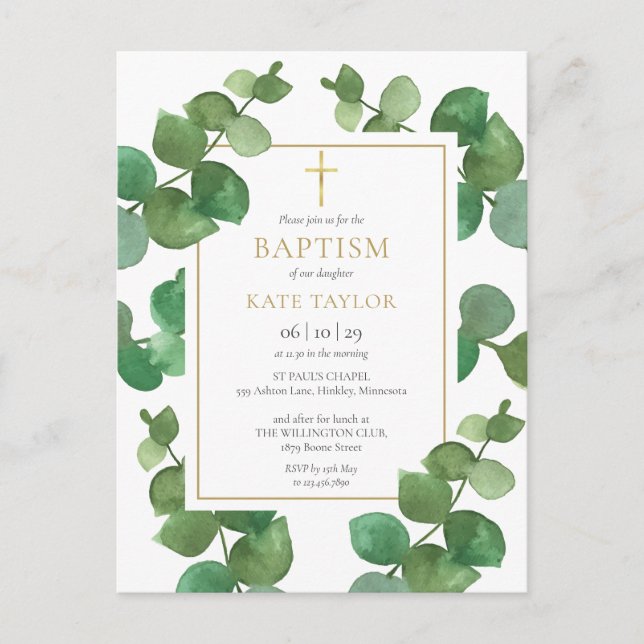 Eucalyptus Greenery Baptism Christening-inbjudan Inbjudan Vykort (Framsida)