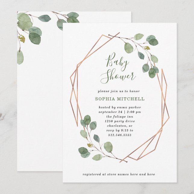 Eucalyptus Greenery | Bebisdusch för Ro Guld Geo Inbjudningar (Fram/baksida)