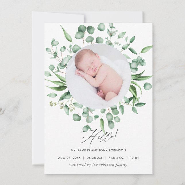Eucalyptus Greenery Birth Announcement Photo Card Meddelande (Framsida)