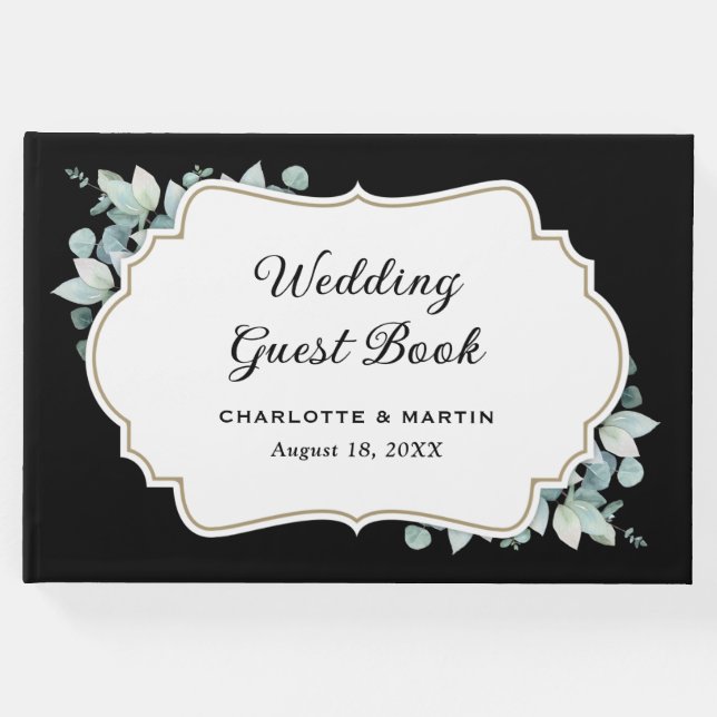 Eucalyptus Greenery Black and White Bröllop Gästböcker (Framsida)