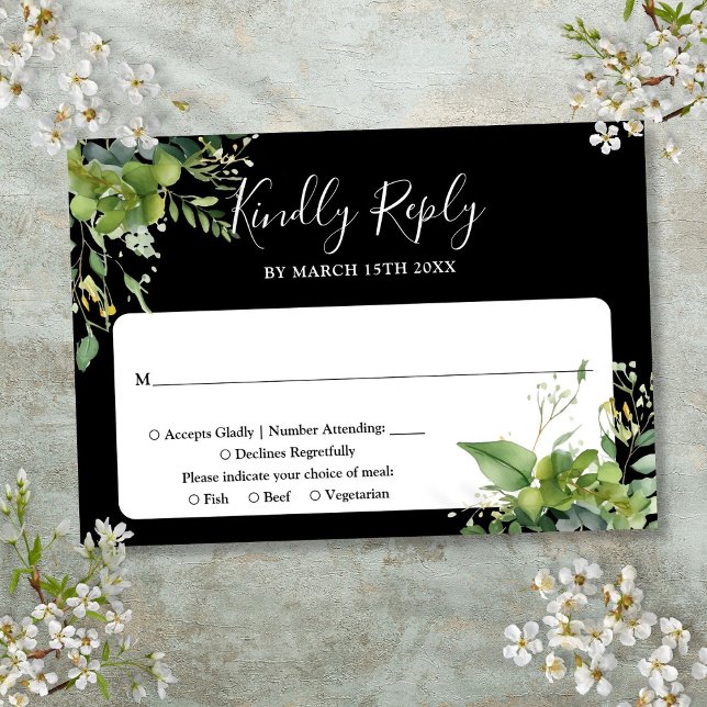 Eucalyptus Greenery Black and White Bröllop OSA Kort (Eucalyptus Greenery Black And White Wedding RSVP Card)