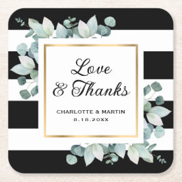 Eucalyptus Greenery Black and White Bröllop Underlägg Papper Kvadrat