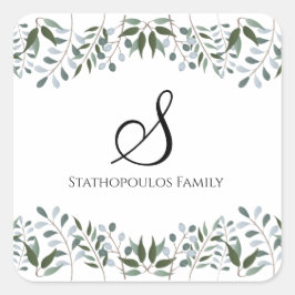 Eucalyptus Greenery Blommigt Family Namn Fyrkantigt Klistermärke