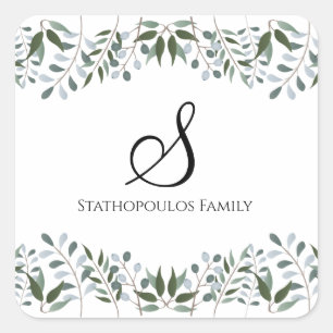 Eucalyptus Greenery Blommigt Family Namn Fyrkantigt Klistermärke