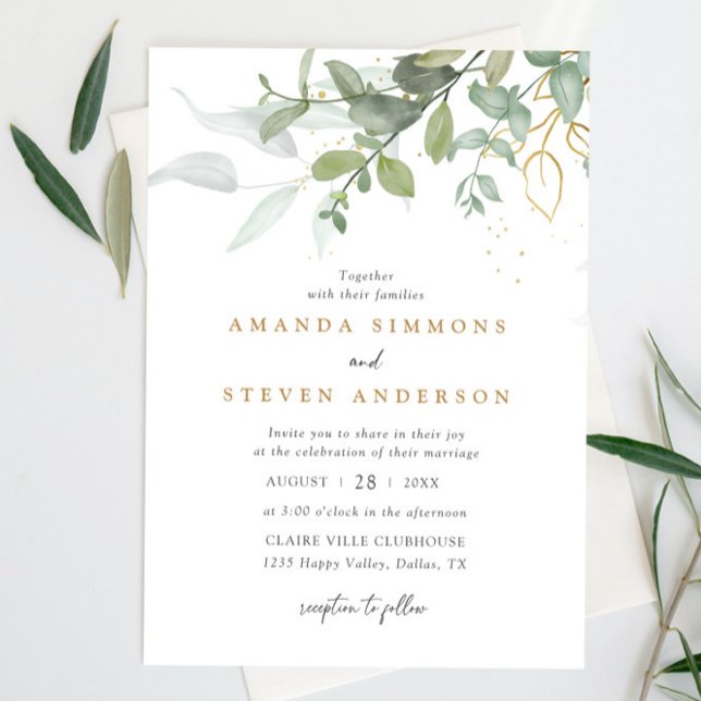 Eucalyptus Greenery Boho Sage Grönt Guld Bröllop Inbjudningar (Skapare uppladdad)