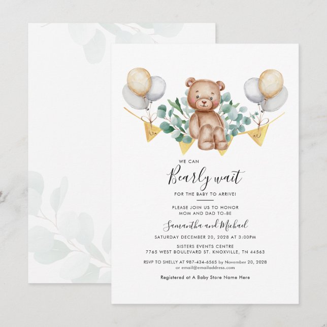 Eucalyptus Greenery Botanical Bear Baby Shower Inbjudningar (Fram/baksida)