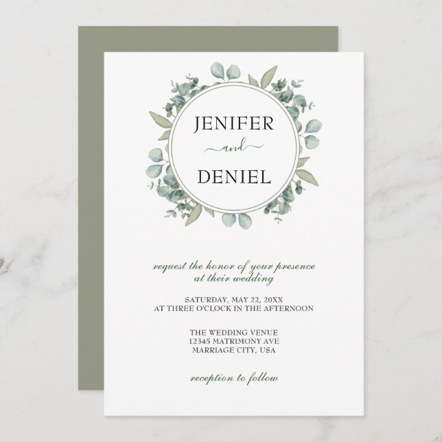 Eucalyptus Greenery Botanical Bröllop Inbjudningar (Fram/baksida)