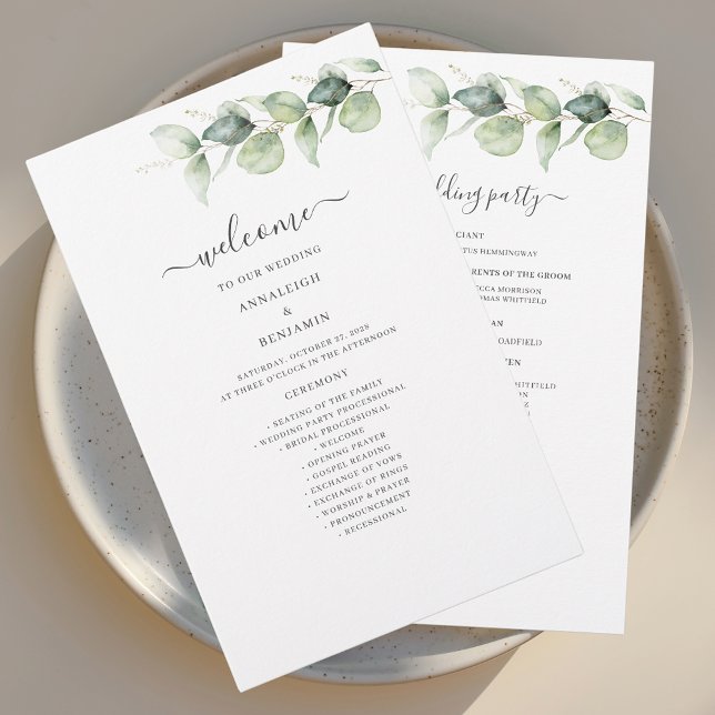 Eucalyptus Greenery Botanical Bröllopsprogram (Elegant Eucalyptus Greenery Script Wedding Welcome Program Stationery)