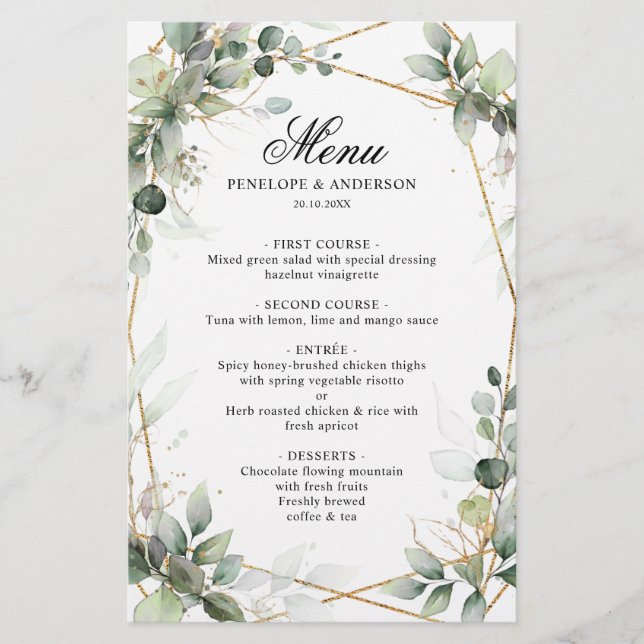 Eucalyptus Greenery Botanical Geometric Menu (Framsida)