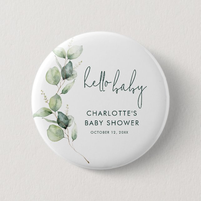 Eucalyptus Greenery Botanical Script Baby Shower Knapp (Framsida)