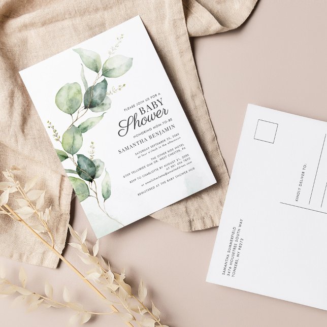 Eucalyptus Greenery Boy Shower Inbjudan Vykort (Eucalyptus Baby Shower Invitation Postcard)