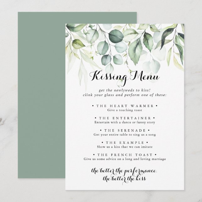 Eucalyptus Greenery Bröllop Kissing Menu-spelkort (Fram/baksida)