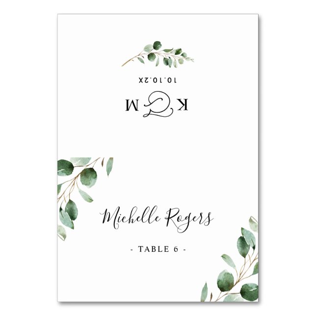 Eucalyptus Greenery Bröllop ortskort Bordsnummer (Framsidan)