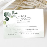Eucalyptus Greenery Bröllop OSA med måltider<br><div class="desc">Det här anpassadet är designat att samordna med vår Boho Grey bröllop-samling,  OSA kort med måltider,  har vattenfärgen eucalyptus gren inställd mot en delikat vattenfärg som tvättar bakgrund med kalligrafisk skriptgrafisk text,  parad med ett klassfärgsserif och modernt sans-teckensnitt i svart.</div>