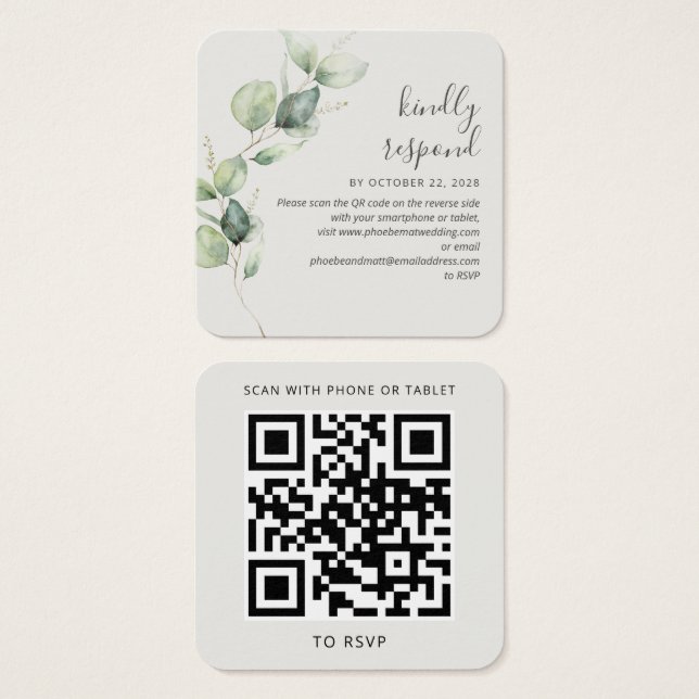 Eucalyptus Greenery Bröllop OSA QR-kod Fyrkantigt Visitkort (Framsida & baksida)