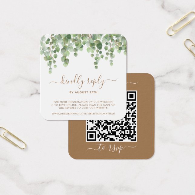 Eucalyptus Greenery Bröllop OSA QR-kod Fyrkantigt Visitkort (Kontor)