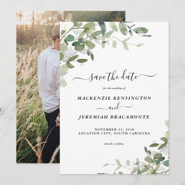 Eucalyptus Greenery Bröllop Photo Save Date Spara Datumet (Fram/baksida)