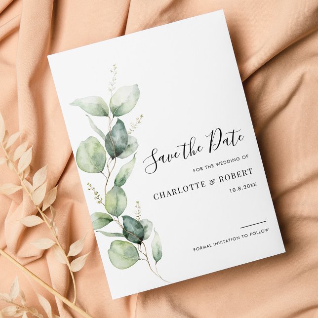 Eucalyptus Greenery Bröllop Spara Datumet (Eucalyptus Greenery Wedding Save the Date Announcement)