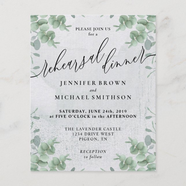 Eucalyptus Greenery budget Rehearsal Dinner Flygblad (Framsidan)