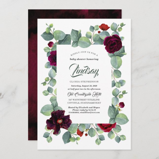 Eucalyptus Greenery Burgundy Blommigt Baby Shower Inbjudningar (Fram/baksida)