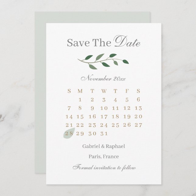 Eucalyptus Greenery Calendar sparar datumet Bröllo Inbjudningar (Fram/baksida)