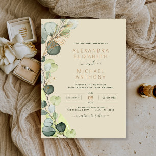 Eucalyptus Greenery Champagne Beige Guld Bröllop Inbjudningar
