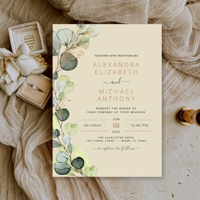 Eucalyptus Greenery Champagne Beige Guld Bröllop Inbjudningar (Skapare uppladdad)