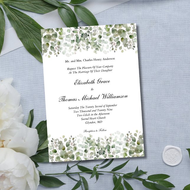 Eucalyptus Greenery Classic Elegant Formal Bröllop Inbjudningar (Classic Traditional Formal Eucalyptus Wedding invitation. Printed or Instant digital download.)