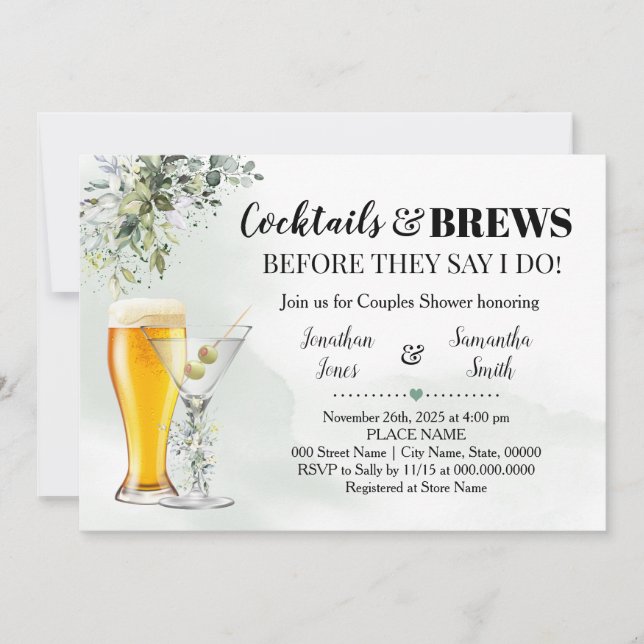 Eucalyptus Greenery Cocktails & Brews Shower Invit Inbjudningar (Framsida)