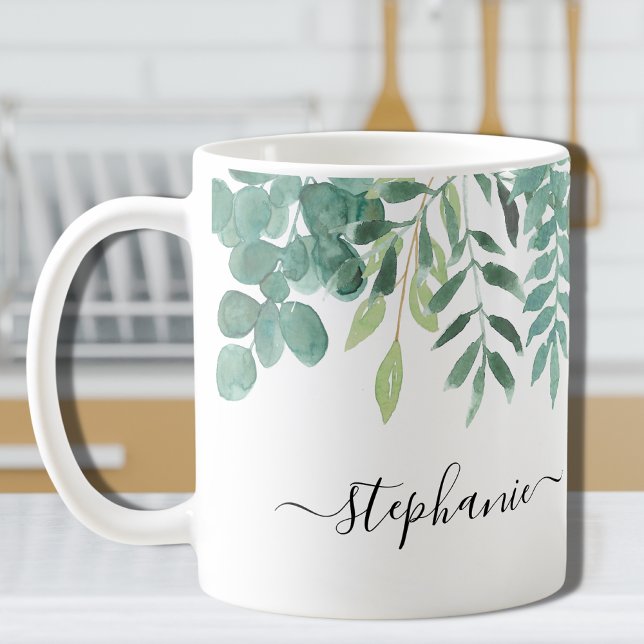 Eucalyptus Greenery Custom Name Kaffemugg (Skapare uppladdad)