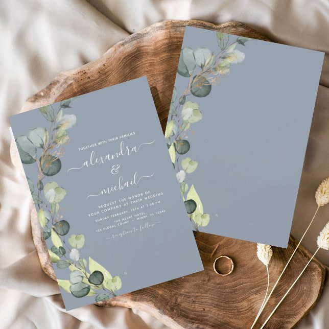 Eucalyptus Greenery Dusty Blue Elegant bröllop Inbjudningar (Skapare uppladdad)