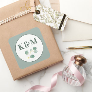 Eucalyptus Greenery Elegant bröllop Monogram Fyrkantigt Klistermärke