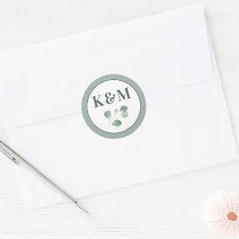 Eucalyptus Greenery Elegant bröllop Monogram Runt Klistermärke