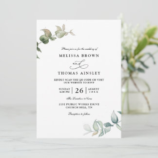 Eucalyptus Greenery Elegant Modern QR Code Wedding Inbjudningar
