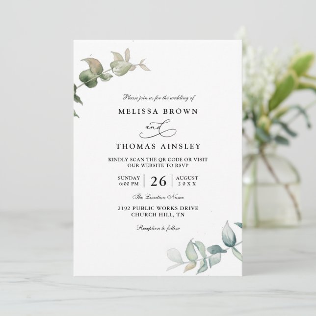 Eucalyptus Greenery Elegant Modern QR Code Wedding Inbjudningar (Stående Fram)
