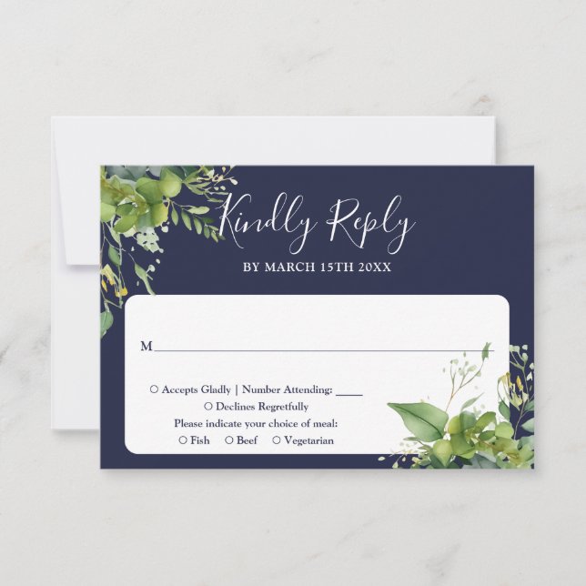 Eucalyptus Greenery Elegant Navy Blue Bröllop OSA Kort (Framsida)