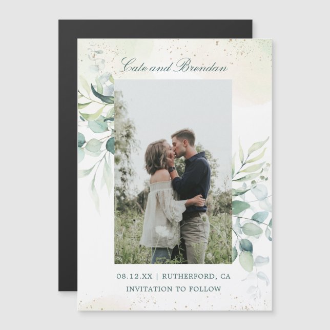 Eucalyptus Greenery Elegant Photo Save Date Magnetisk Inbjudningskort (Fram/baksida)