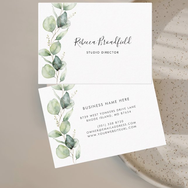 Eucalyptus Greenery Elegant Script Beauty and Hair Visitkort (Minimalist Eucalyptus Greenery Mighty Business Card)